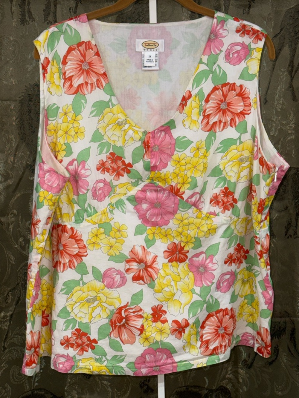 Talbots White Floral V-Neck Sleeveless Camisole - Pink, Yellow, Coral